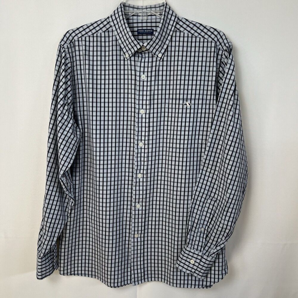 Fish Hippie Button Down Men's Size Large Long Sleeve Shirt Blue Plaid